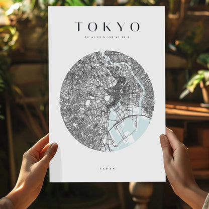 Minimalist Tokyo map poster on aluminum print with mint green waterways