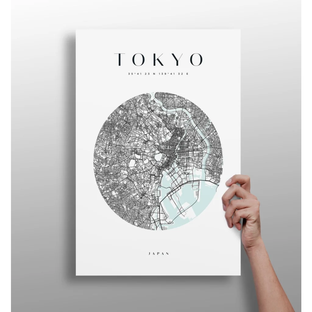 Minimalist Tokyo map aluminum print with mint green waterways