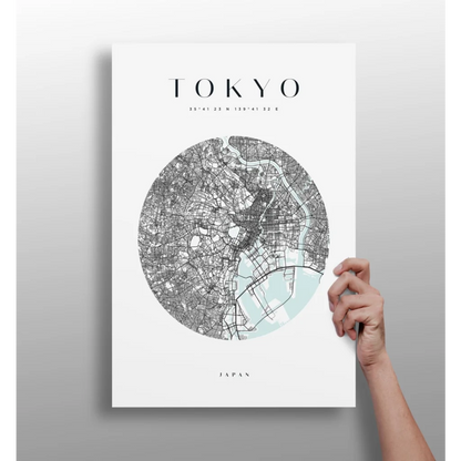 Minimalist Tokyo map aluminum print with mint green waterways