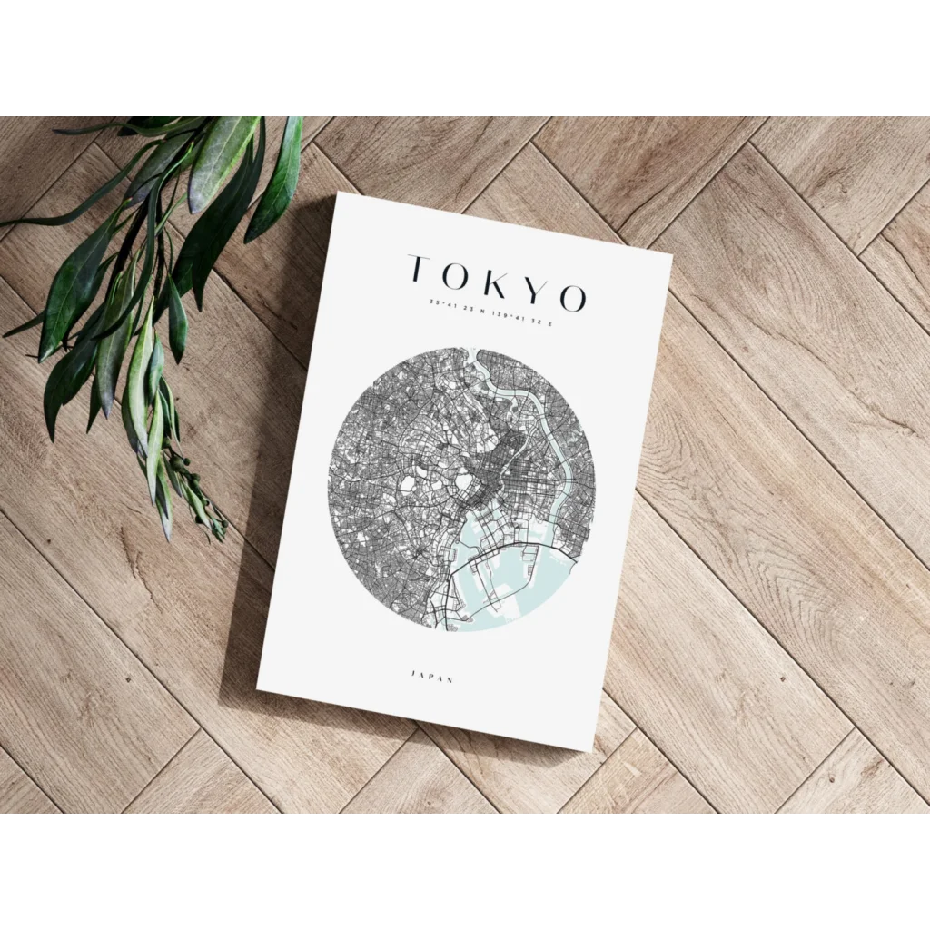 Minimalist grayscale Tokyo map poster with mint green waterways on aluminum print