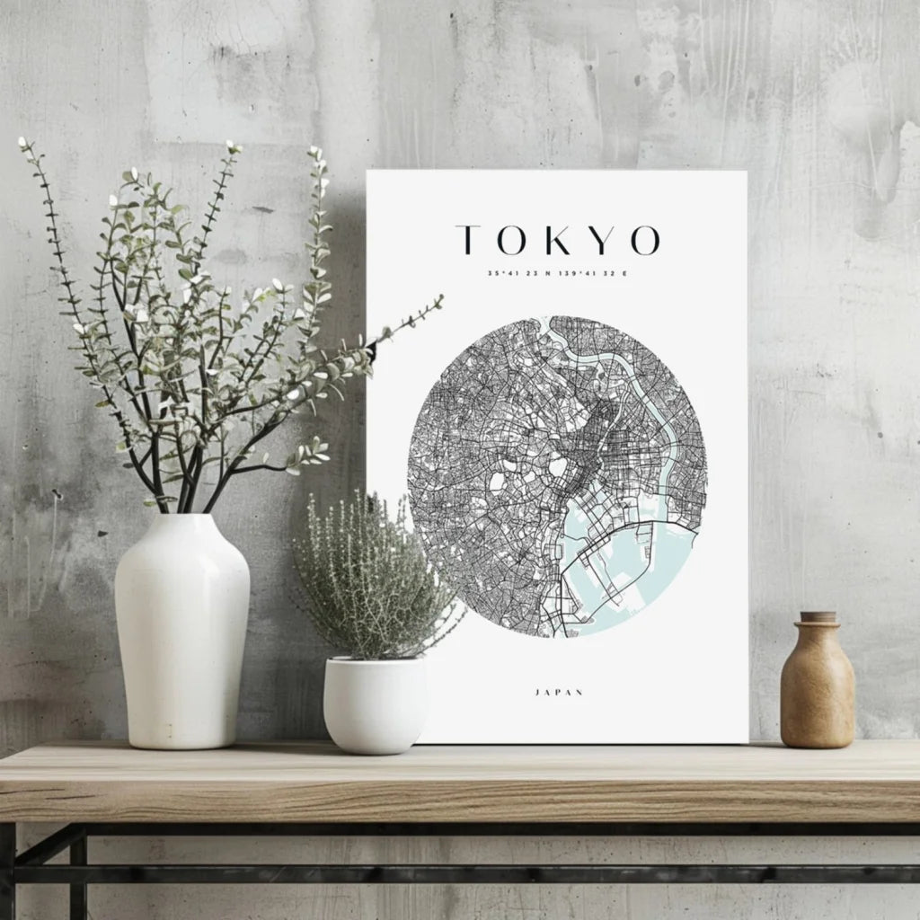 Minimalist Tokyo map aluminum print with mint green waterways