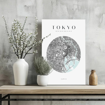 Minimalist Tokyo map aluminum print with mint green waterways