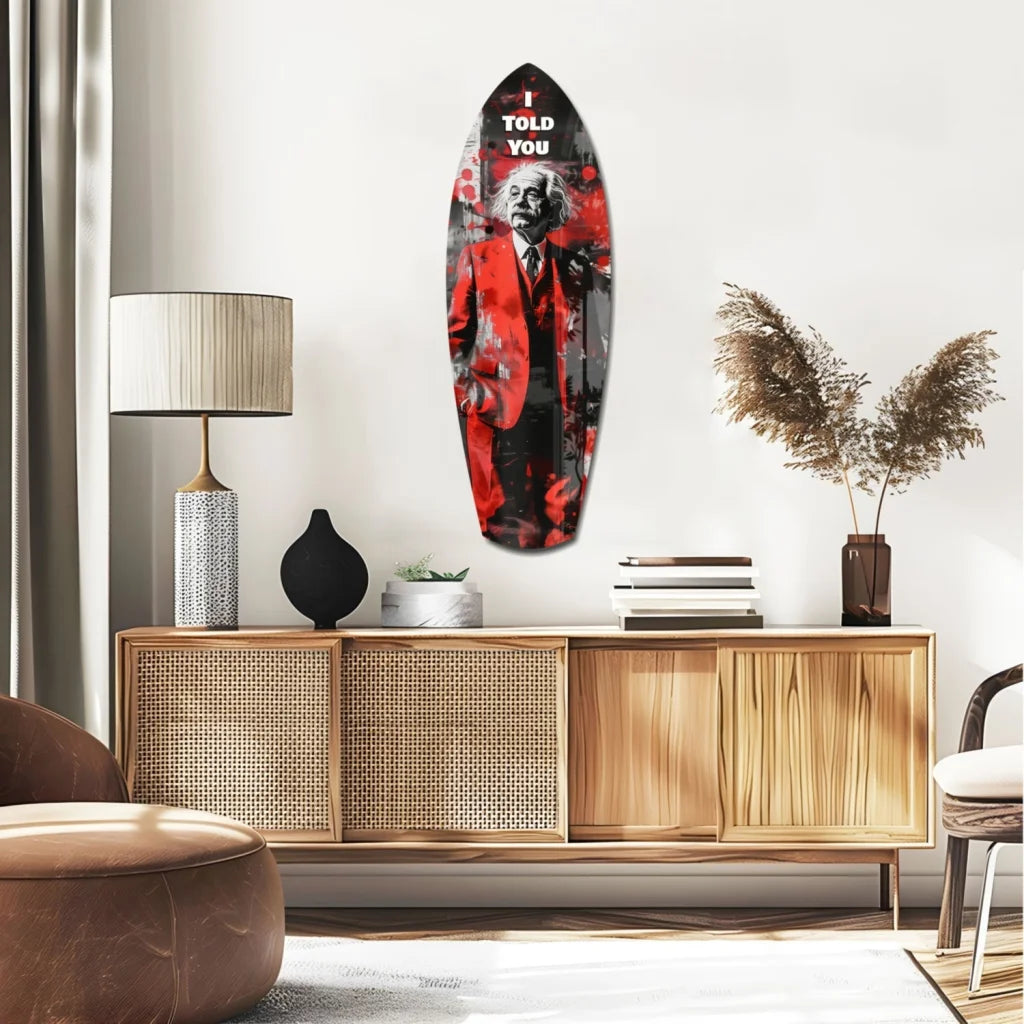 Einstein I Told You tempered glass art surfboard wall decor