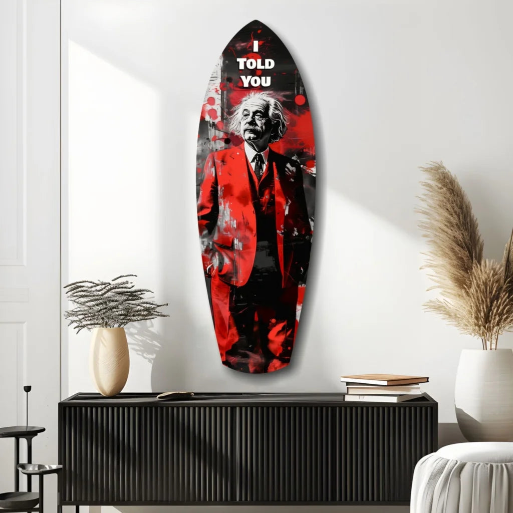 Stylized Einstein in red suit on tempered glass art surfboard wall decor