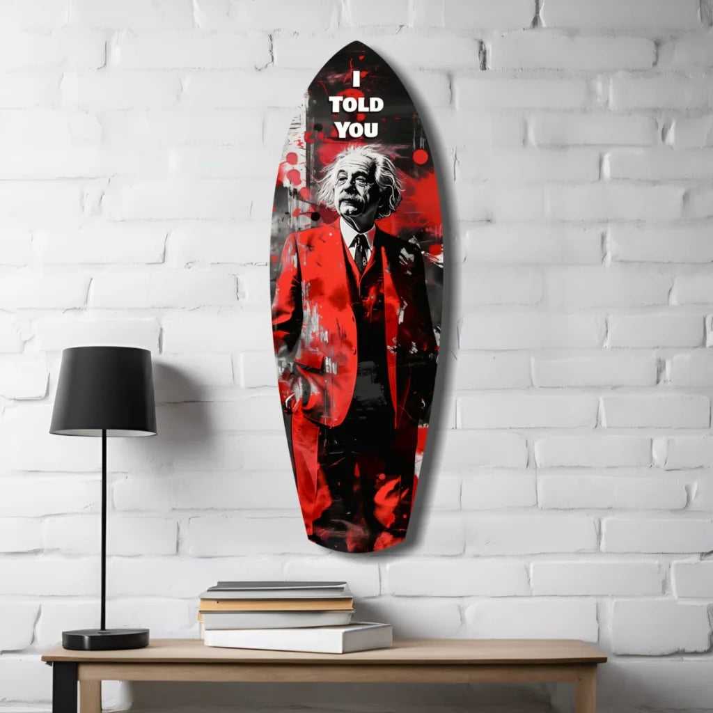 Red and black tempered glass art surfboard with Einstein I Told You portrait