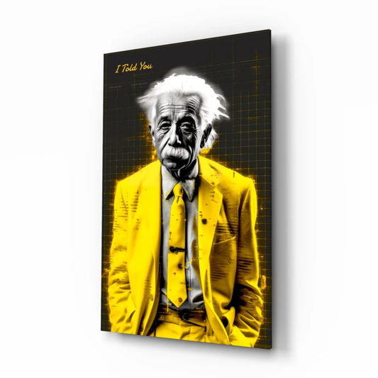 Einstein Yellow Suit Glass Wall Art Canvas Print | Insigneart USA | vintageantiquesgifts.com