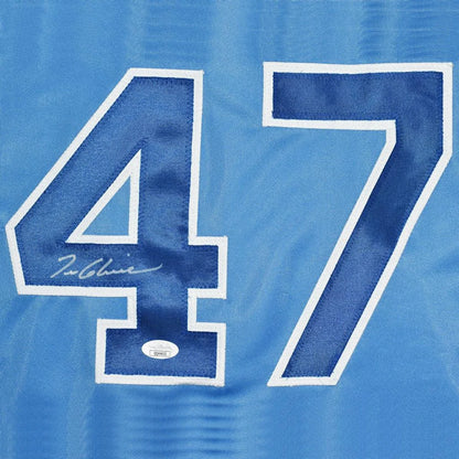 Tom Glavine autographed light blue custom jersey with navy 47