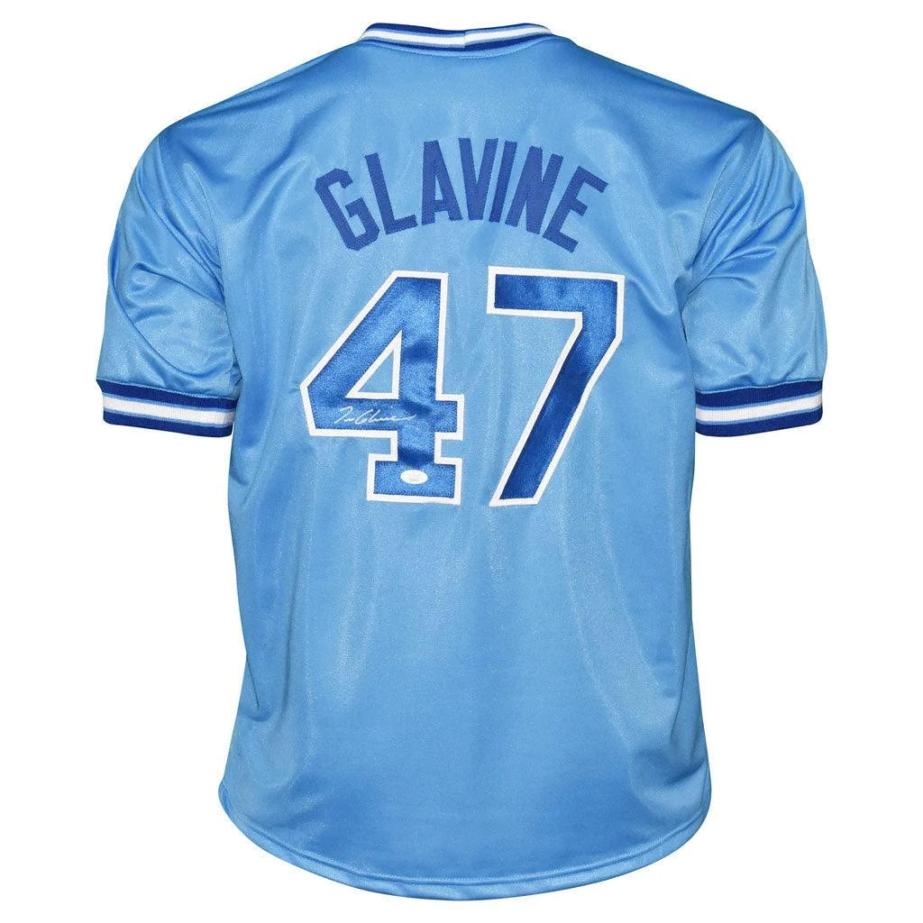 Tom Glavine autographed light blue satin jersey with Glavine 47