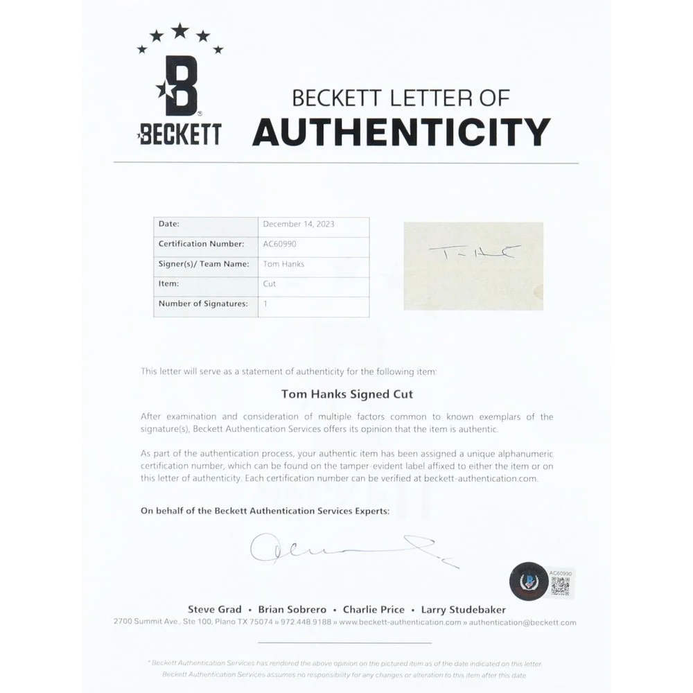 Beckett Letter of Authenticity for Tom Hanks Signed Saving Private Ryan Cut
