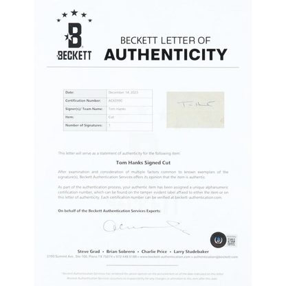 Beckett Letter of Authenticity for Tom Hanks Signed Saving Private Ryan Cut