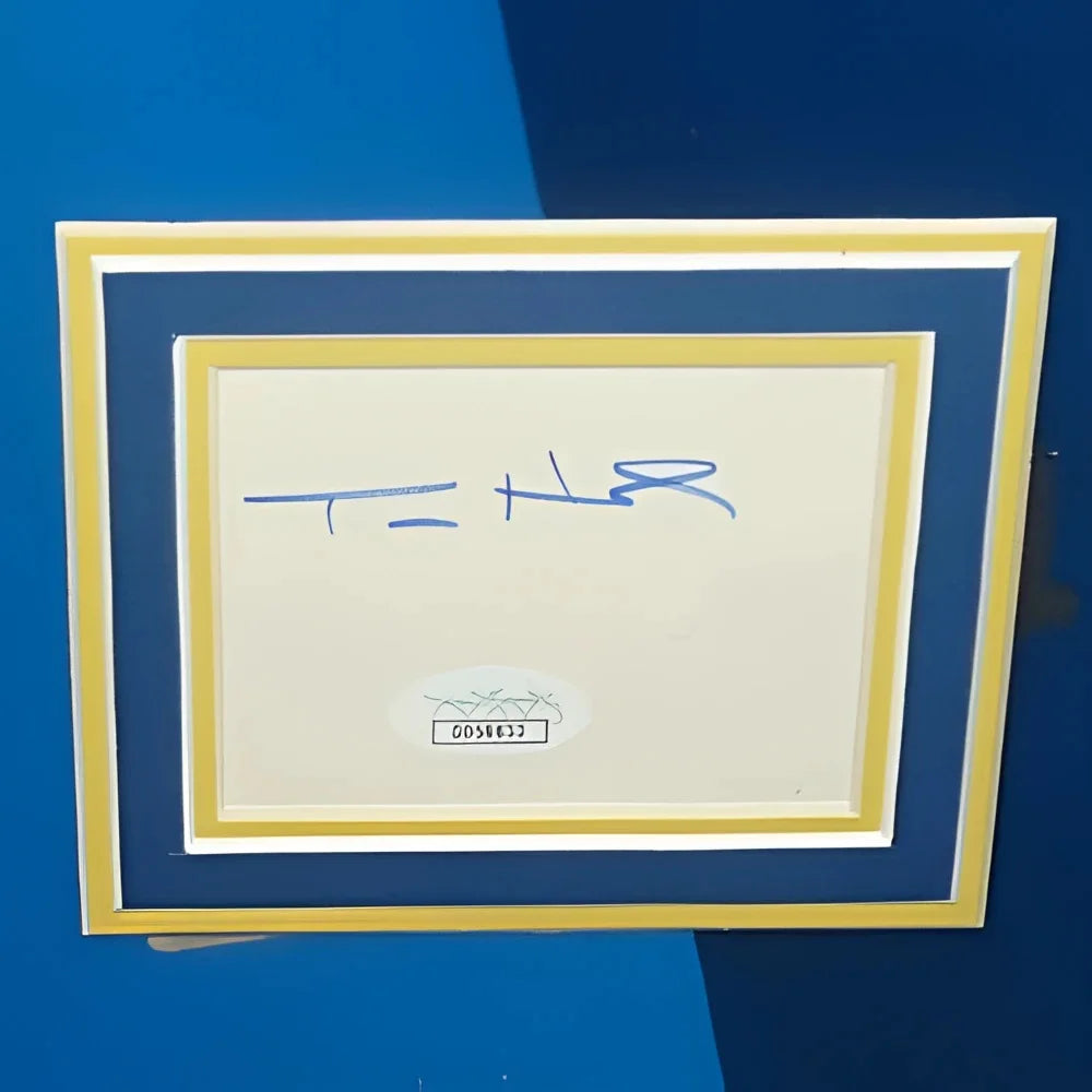 Tom Hanks Toy Story movie poster autograph in blue yellow frame