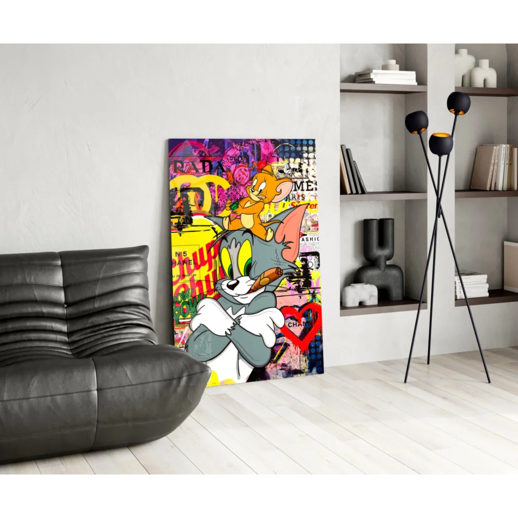 Vibrant Tom and Jerry graffiti on glass wall art for home decor