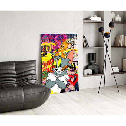 Vibrant Tom and Jerry graffiti on glass wall art for home decor