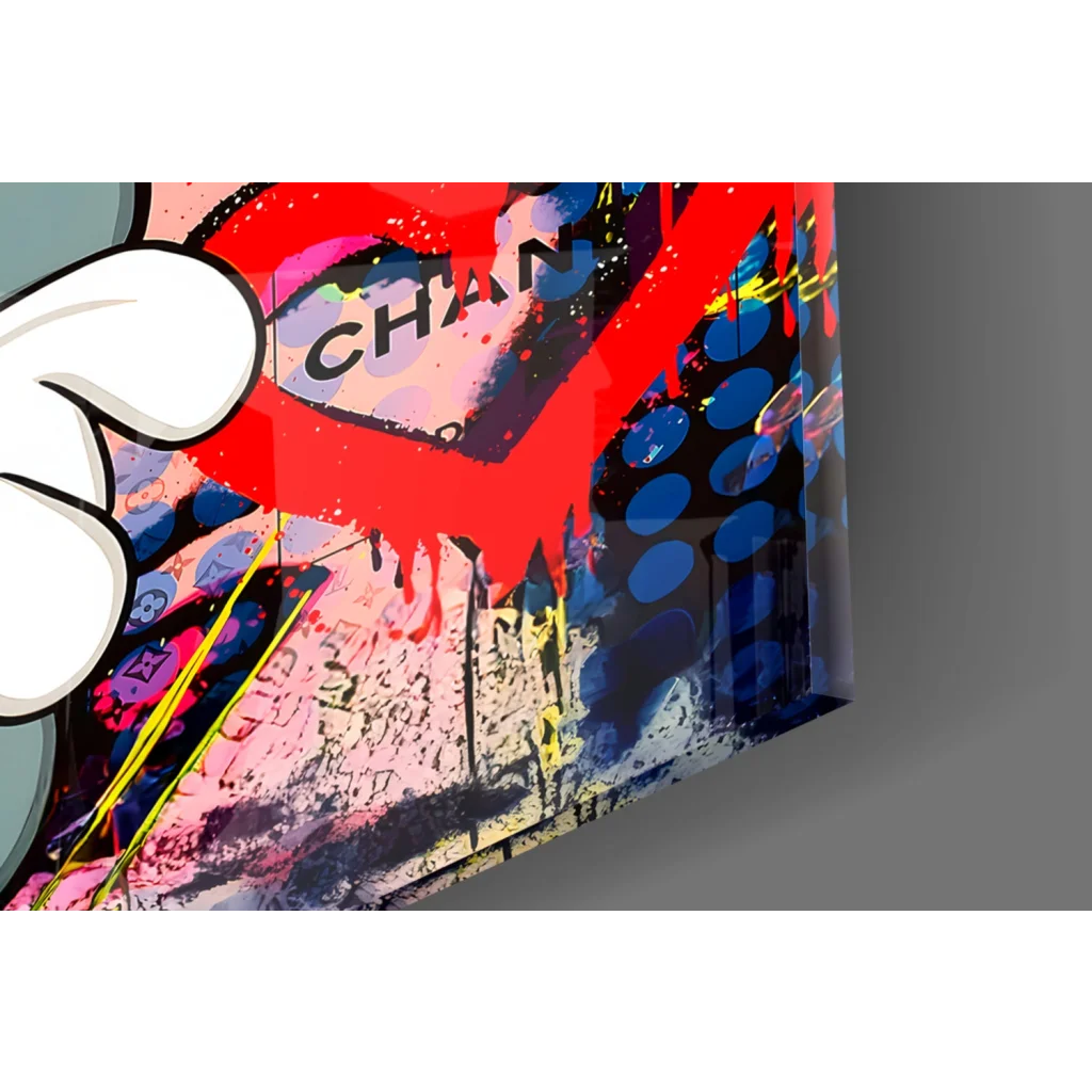 Vibrant graffiti glass wall art with red, blue, pink splashes and Chanel hand