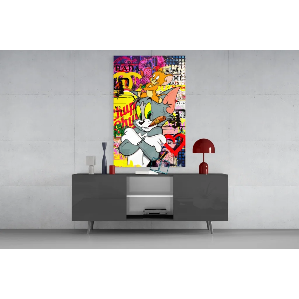 Vibrant Tom and Jerry graffiti on glass wall art print