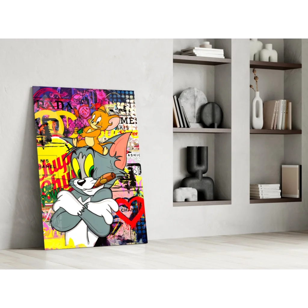 Vibrant Tom and Jerry graffiti glass wall art print for home decor
