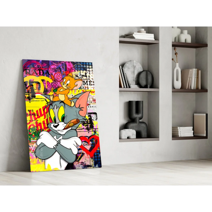 Vibrant Tom and Jerry graffiti glass wall art print for home decor