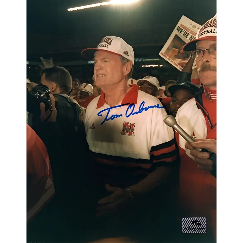 Tom Osborne signed Nebraska Huskers 1998 Orange Bowl white orange polo shirt