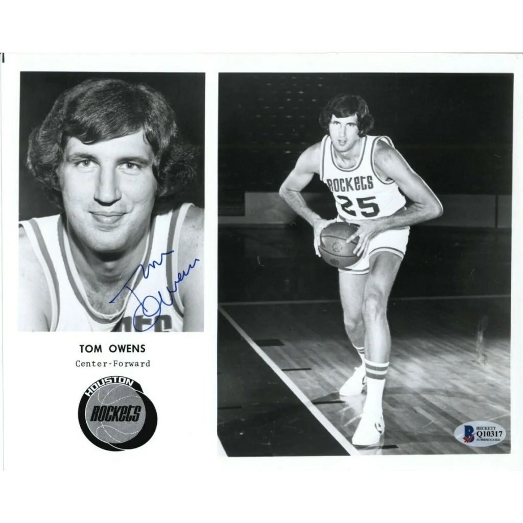 Tom Owens autographed photo of Houston Rockets legend in action figure pose