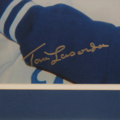 Blue varsity sleeve with white stripes and Tom Luebke gold signature, Los Angeles Dodgers framed photo