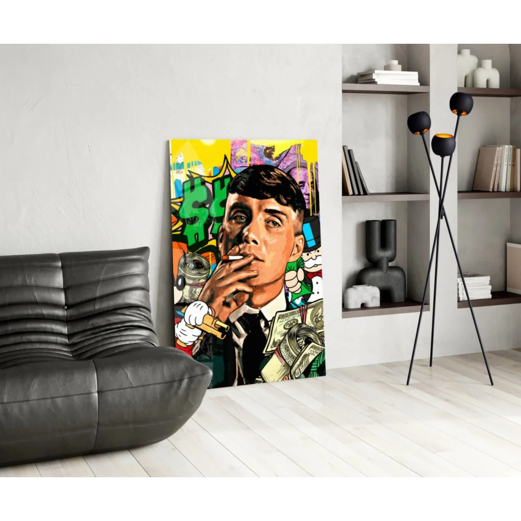 Vibrant pop-art glass wall art of suited man with money and smoke on yellow graffiti background