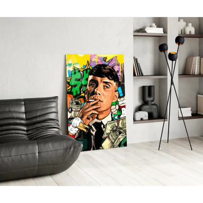 Vibrant pop-art glass wall art of suited man with money and smoke on yellow graffiti background