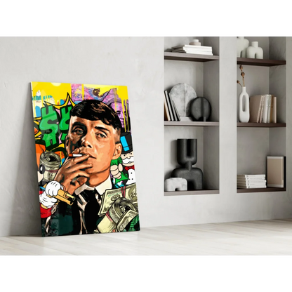 Vibrant pop-art glass wall art of suited man smoking amid green dollar signs