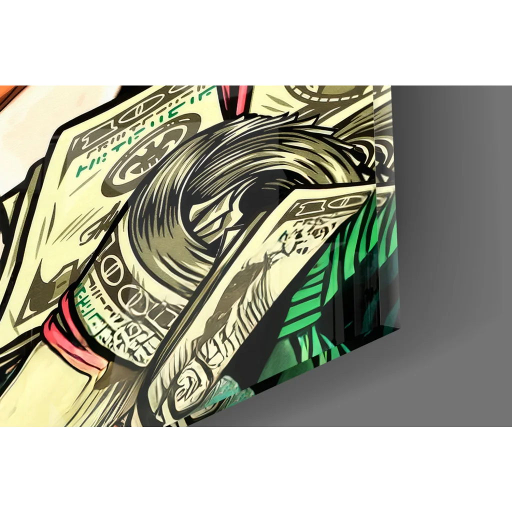 Stylized black-and-white figure with flowing hair amid green dollar bills on glass wall art
