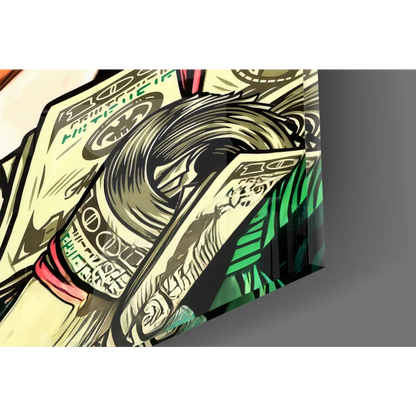 Stylized black-and-white figure with flowing hair amid green dollar bills on glass wall art