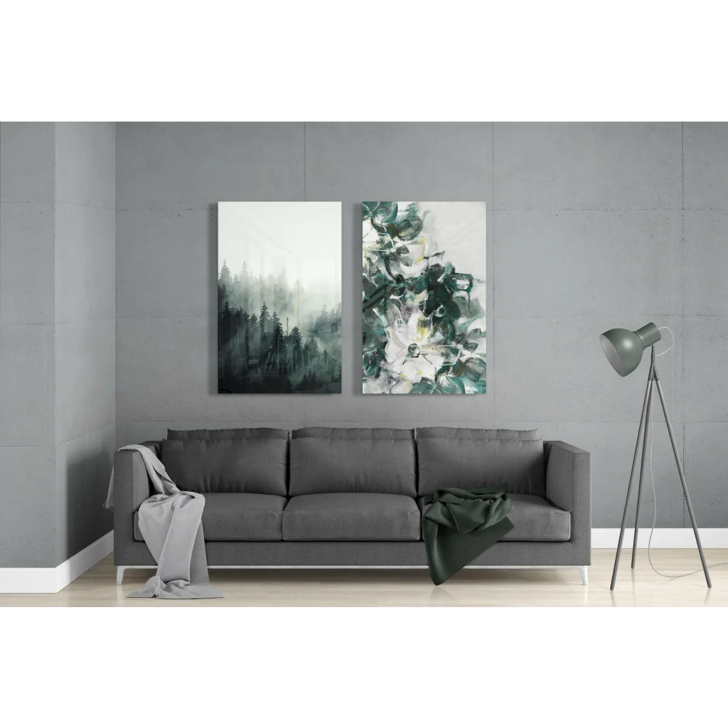 Gray sofa with glass wall art misty forest design