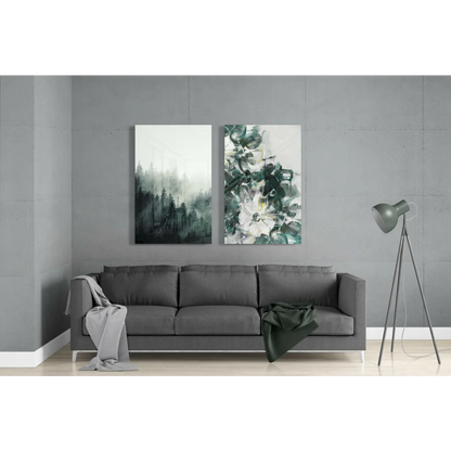 Gray sofa with glass wall art misty forest design