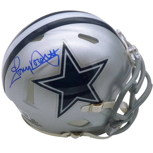 Silver Dallas Cowboys mini helmet with black star logo and blue autograph by Tony Dorsett autographed Dallas Cowboys