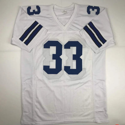White Tony Dorsett custom jersey with navy blue 33 for professional sports fans