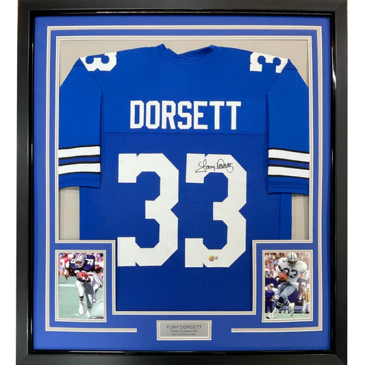 Framed Tony Dorsett signed Cowboys jersey with inset photos for your man cave decor