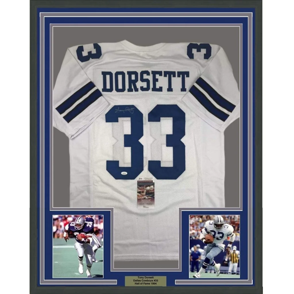 Framed Tony Dorsett Signed Dallas Cowboys Jersey display with action photos and plaque