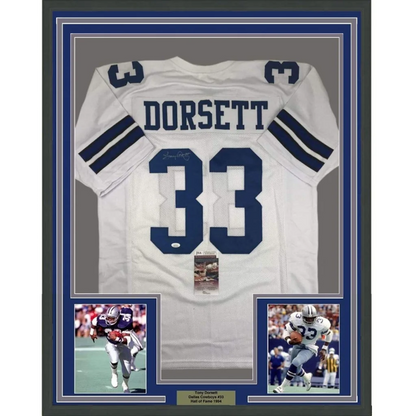 Framed Tony Dorsett Signed Dallas Cowboys Jersey display with action photos and plaque