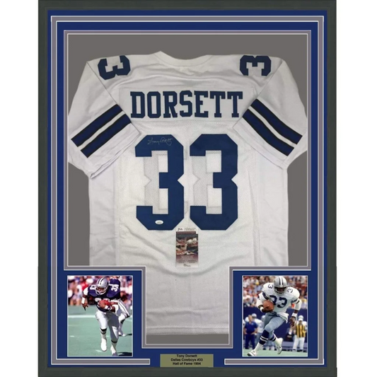 Framed Tony Dorsett Signed Dallas Cowboys Jersey display with action photos and plaque