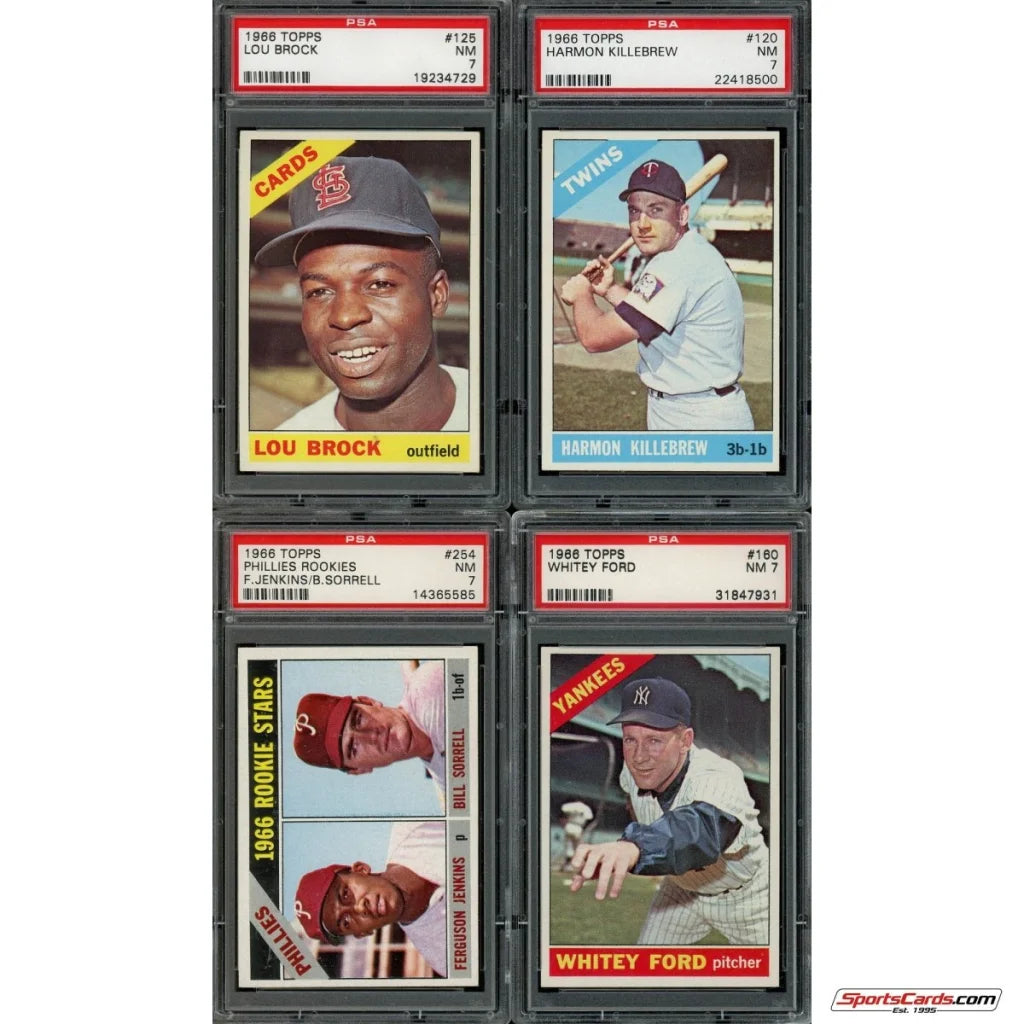 Four graded 1966 Topps baseball cards inside a Topps Baseball Complete Set Break Box