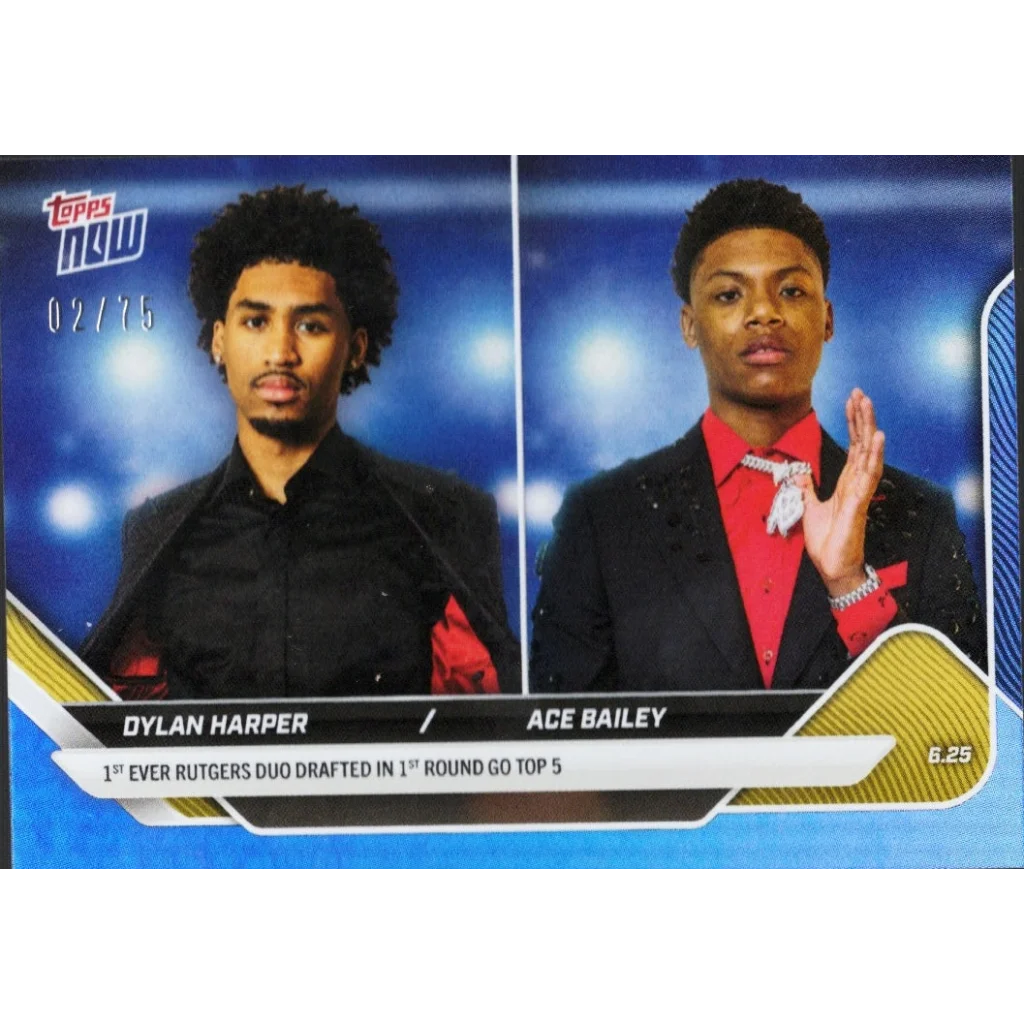 Topps Now Dylan Harper and Ace Bailey sports trading card on display