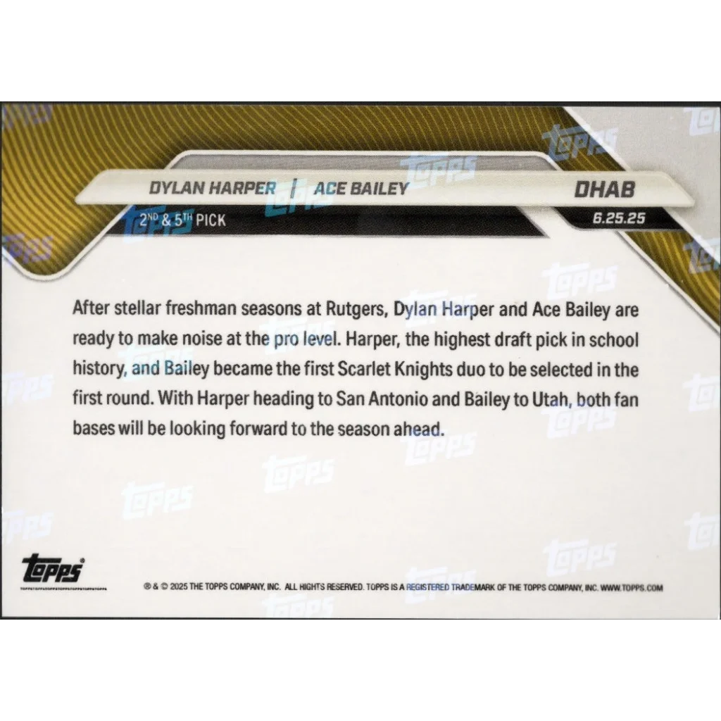 Back of Topps Now Dylan Harper Ace Bailey authenticated sports trading card