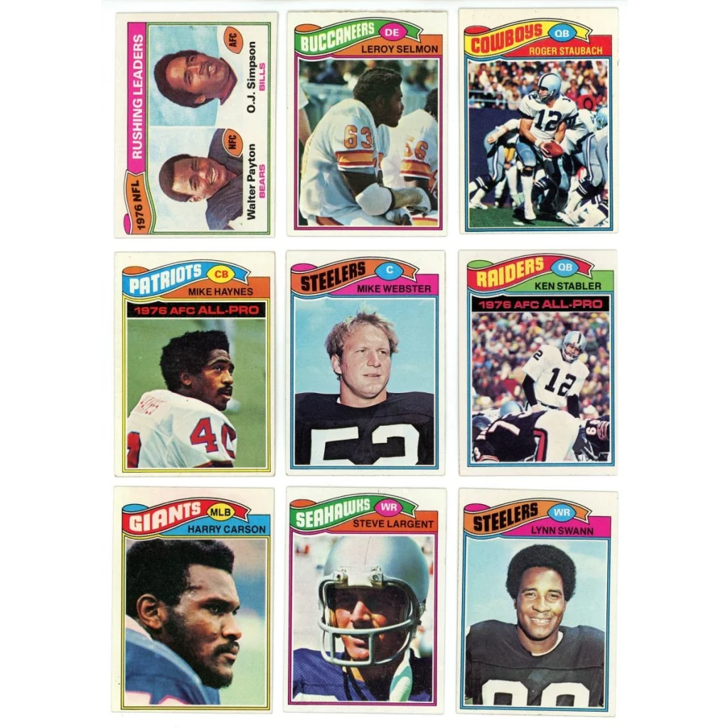 Vintage NFL trading cards from the Topps Football Complete Set Break inside a football complete set
