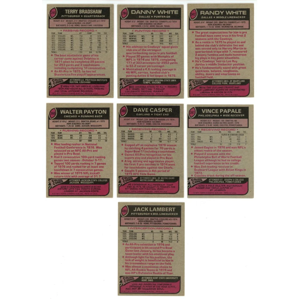 Seven vintage Topps Football Complete trading cards from a football complete set break