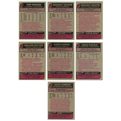 Seven vintage Topps Football Complete trading cards from a football complete set break