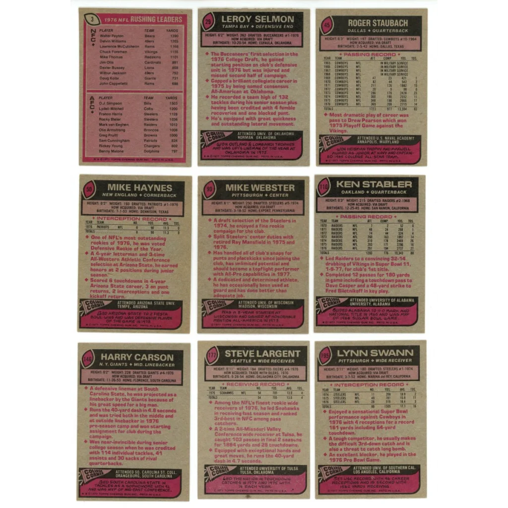 Uncut sheet of nine 1976 Topps Football cards from Topps Football Complete Set Break