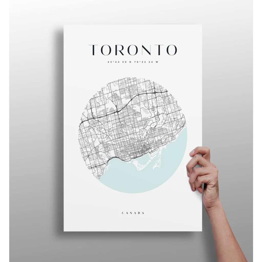 Minimalist Toronto map on insigne aluminum prints for modern homes
