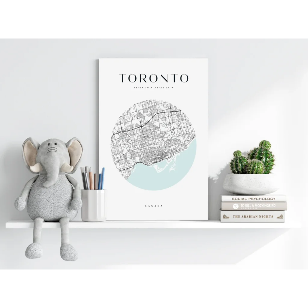 Stunning Toronto map insigne aluminum print with minimalist white frame