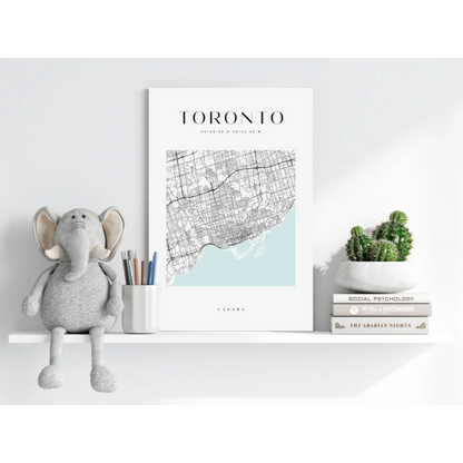 Toronto map insigne aluminum print with minimalist white frame and blue shoreline wash