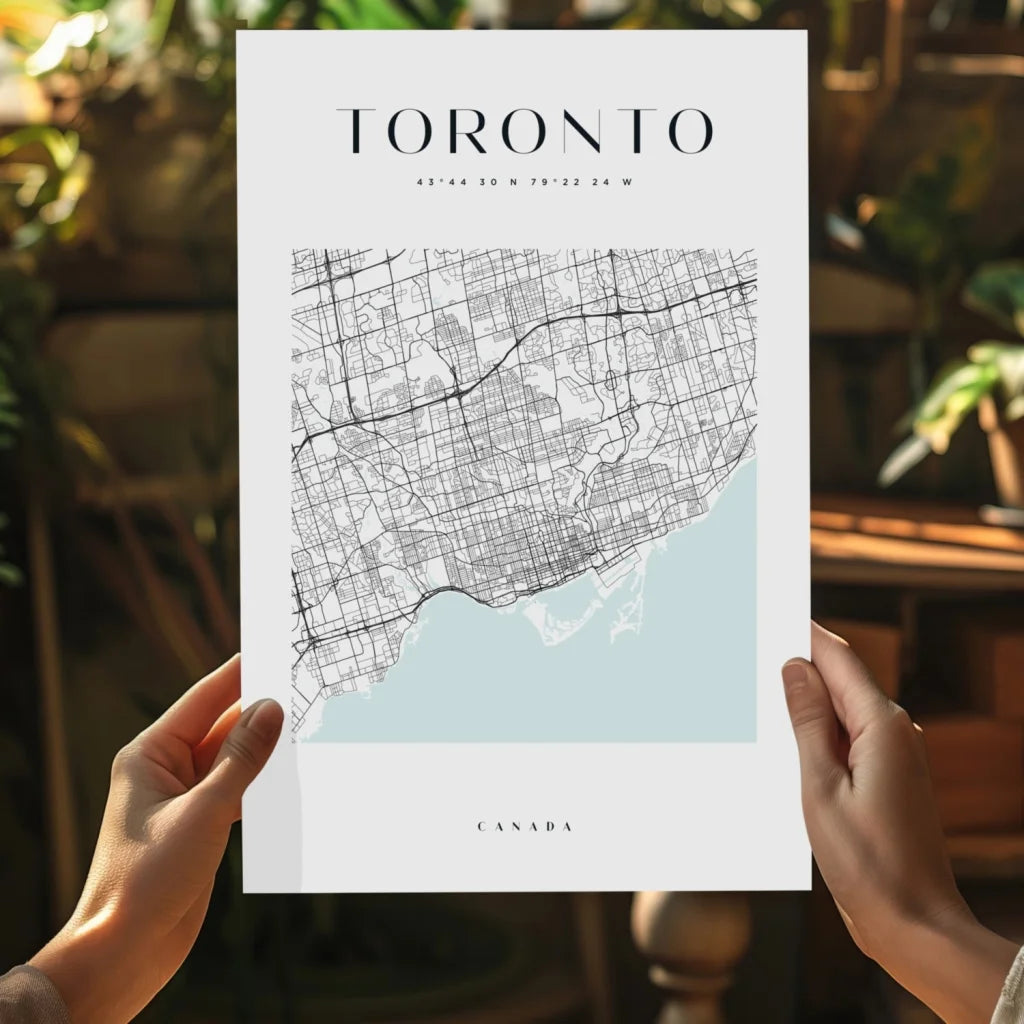 Minimalist Toronto map on insigne aluminum prints, blue coast black streets