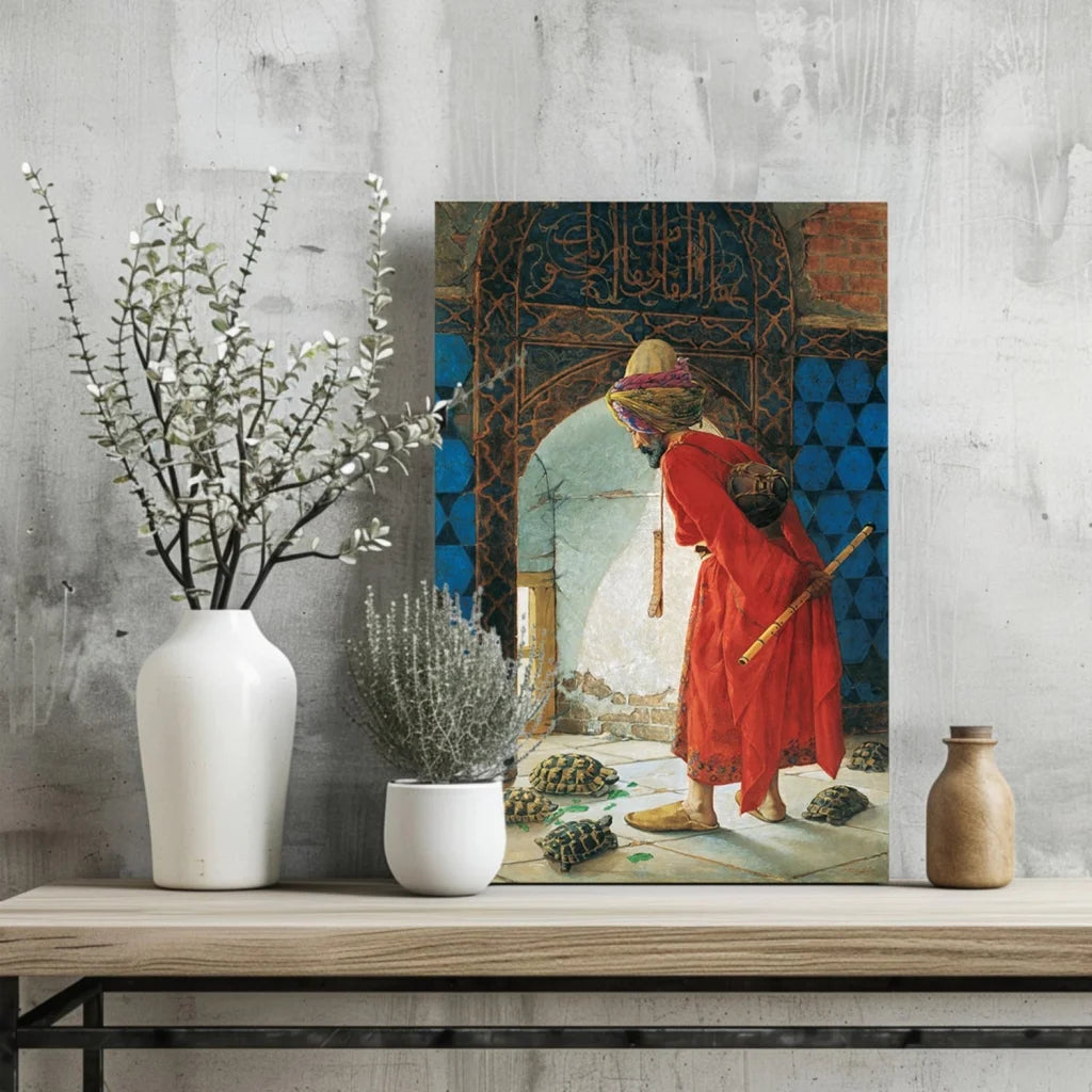 Vibrant red robed figure insigne aluminum print with blue gold details
