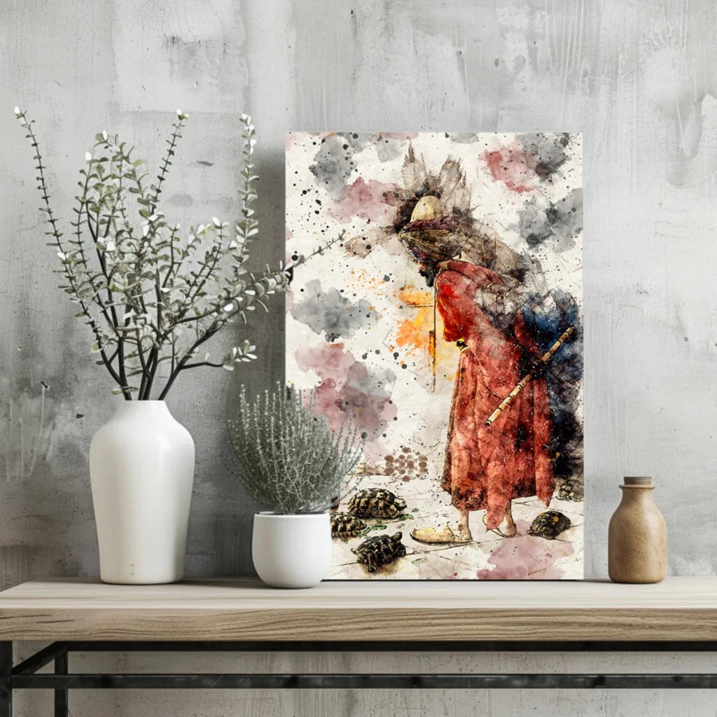 Mystical turtle watercolor on insigne aluminum prints, orange-red robed figure with pink, gray, yellow splashes